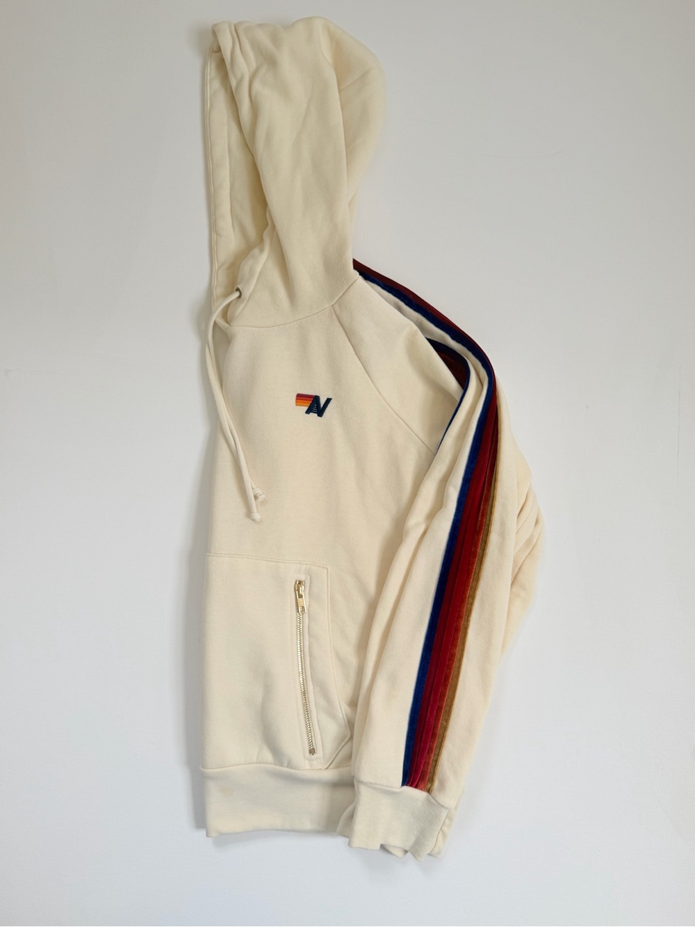 Aviator Nation Cream Hoodie with velvet Stripe Sleeve - RARE 🌈 MEDIUM - Picture 15 of 16